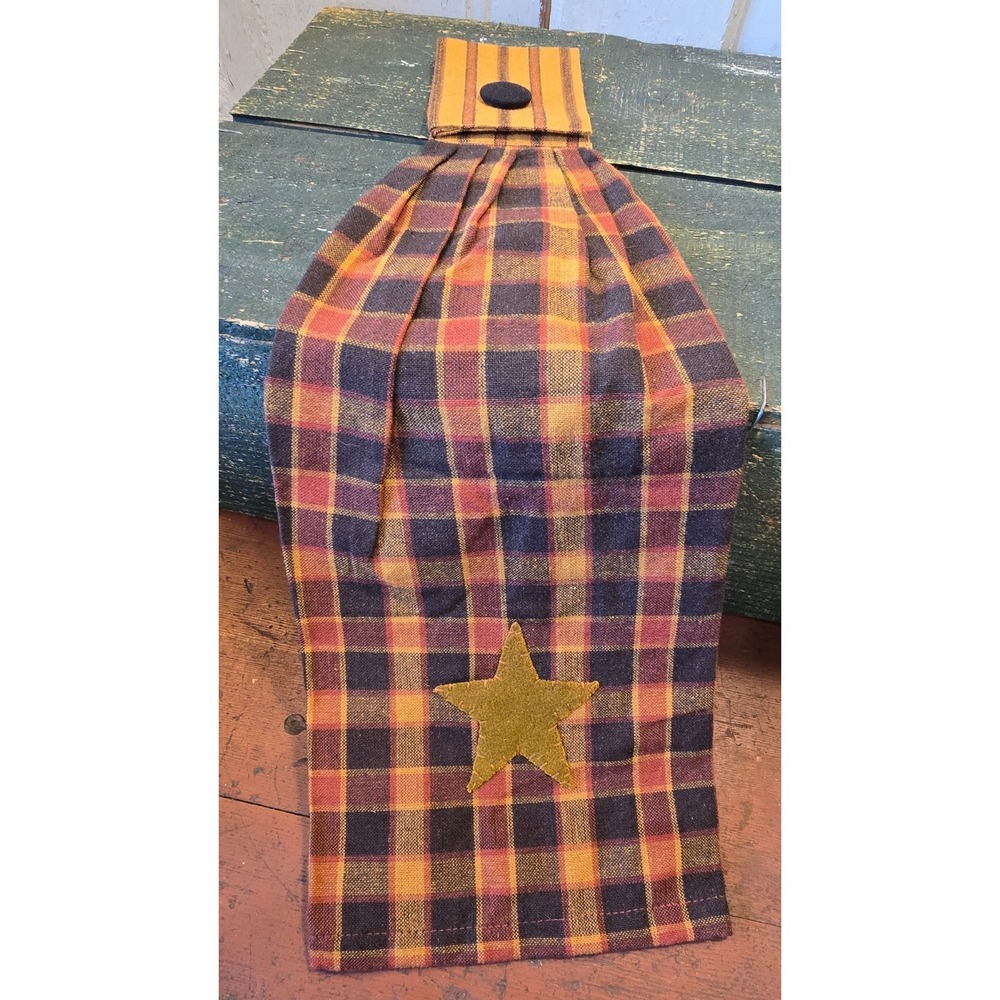 Primitive Country‎ Farmhouse Autumn Fall HOMESTEAD Black Plaid w/ Star Tab Towel